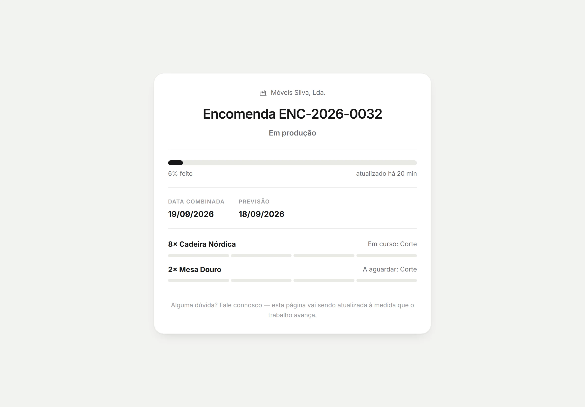 Página que o cliente abre: estado da encomenda, percentagem feita, data combinada e previsão de entrega.