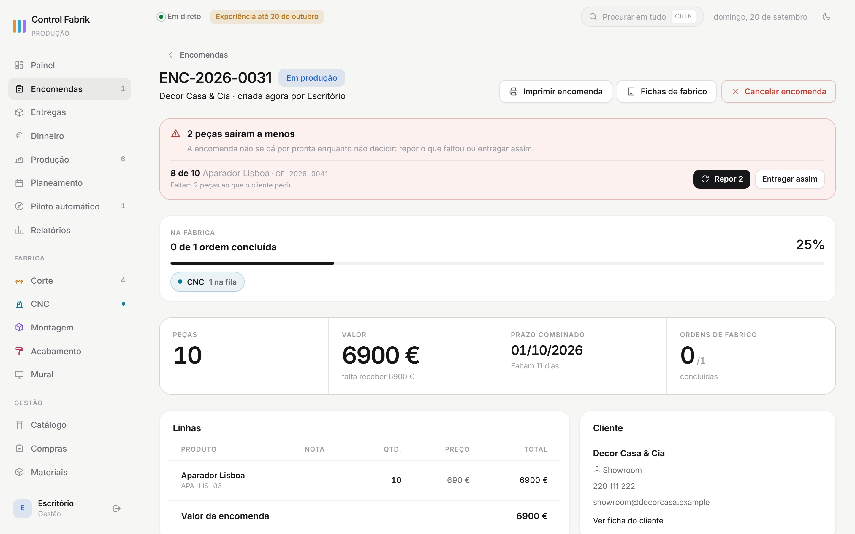 Ficha de uma encomenda com o aviso de que saíram duas peças a menos, o que o cliente recebe se ninguém fizer nada, e os botões «Repor 2» e «Entregar assim».